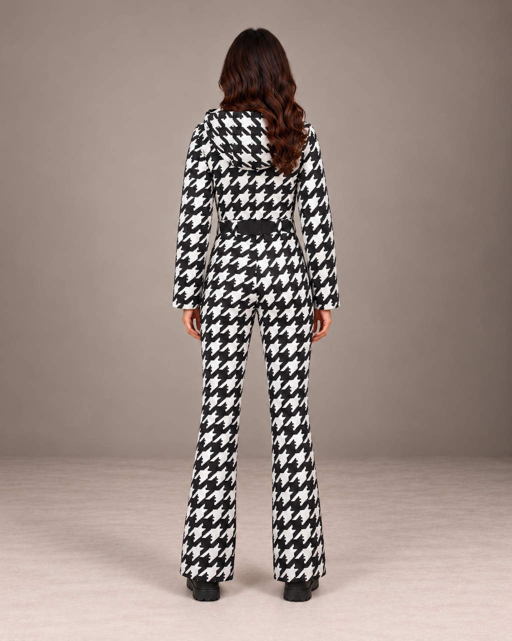 Women's Houndstooth Ski Suit in Black/White – Hooded One-Piece Snowsuit – back view