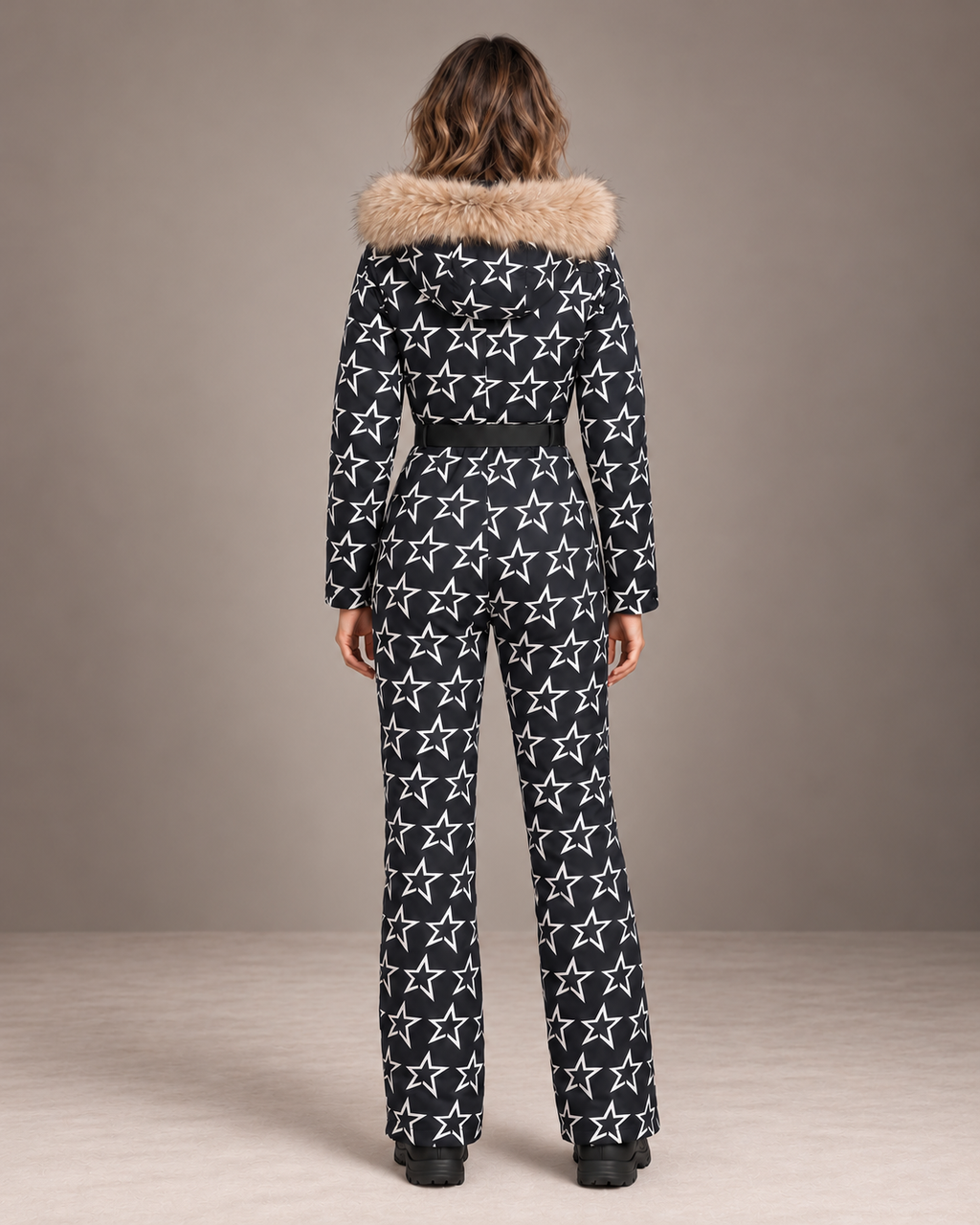 Women's Star Print Ski Suit in Black/White – Fur Hood One-Piece Snowsuit – back view
