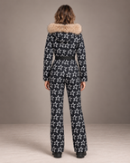Women's Star Print Ski Suit in Black/White – Fur Hood One-Piece Snowsuit – back view