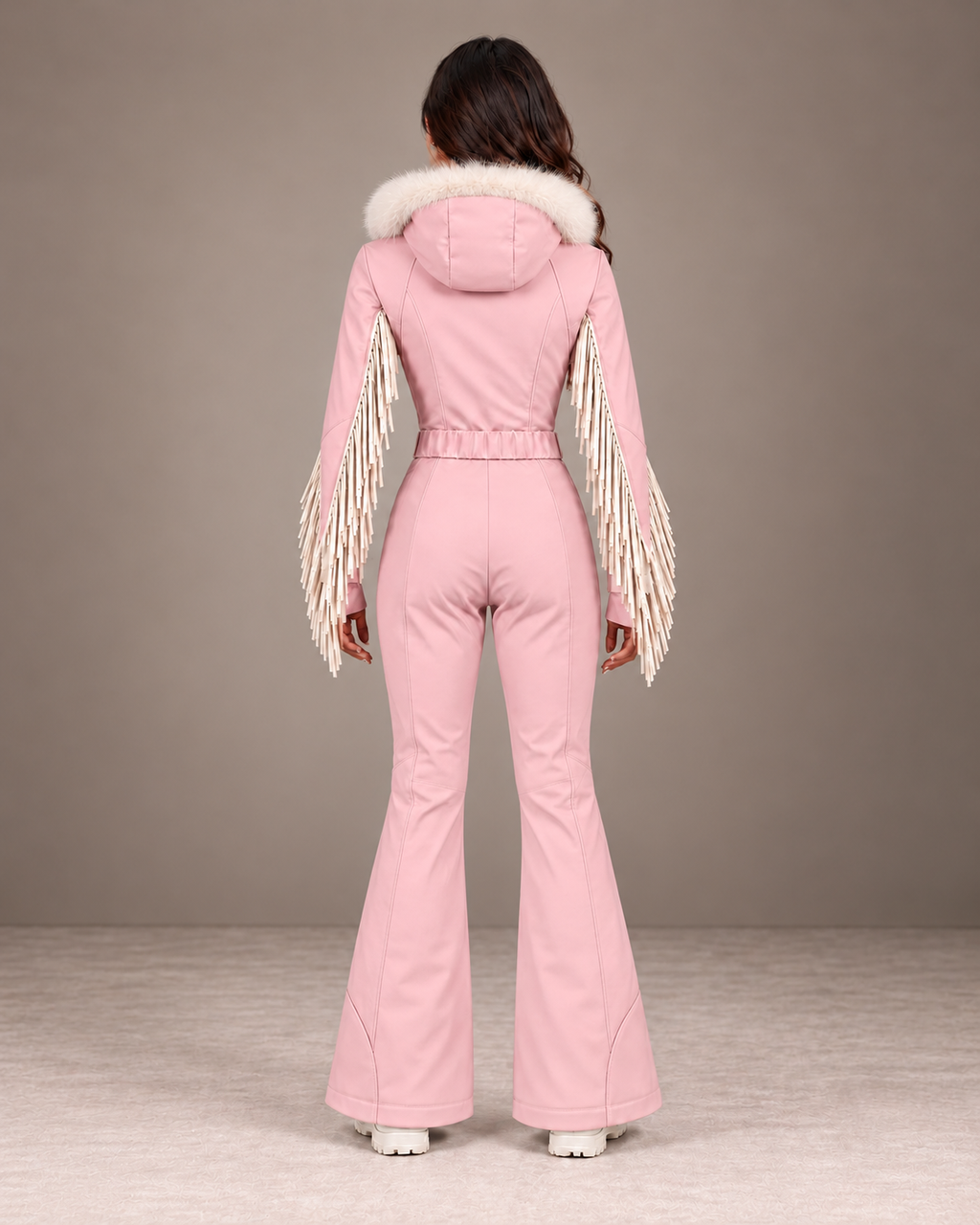 Women's Fringe Ski Suit in Pink – Retro One-Piece Snowsuit, Belted – back view