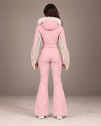 Women's Fringe Ski Suit in Pink – Retro One-Piece Snowsuit, Belted – back view