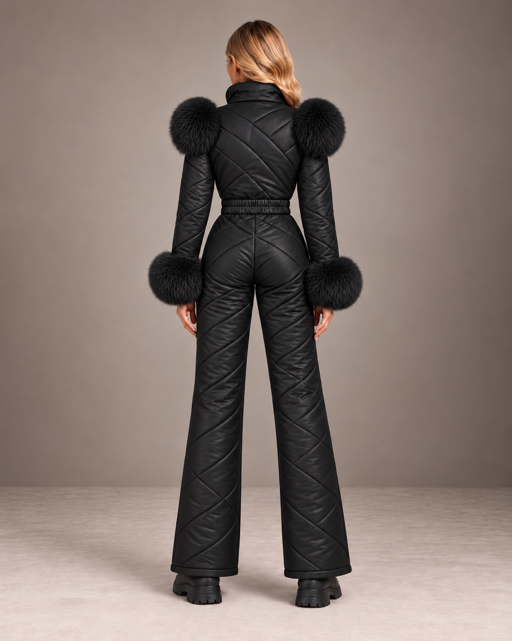 Women's Faux Fur Trim Ski Suit in Black – Quilted One-Piece Snowsuit, Belted – back view