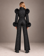Women's Faux Fur Trim Ski Suit in Black – Quilted One-Piece Snowsuit, Belted – back view