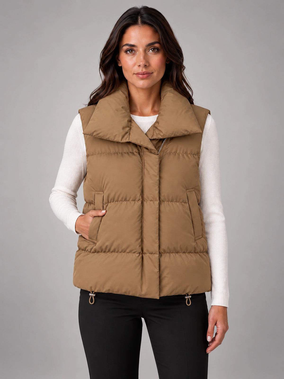 Women's Cropped Puffer Vest – Stand Collar Down Vest in Camel Khaki — front view