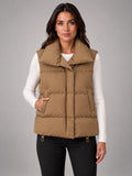 Women's Cropped Puffer Vest – Stand Collar Down Vest in Camel Khaki — front view