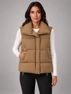 Women's Cropped Puffer Vest – Stand Collar Down Vest in Camel Khaki — front view