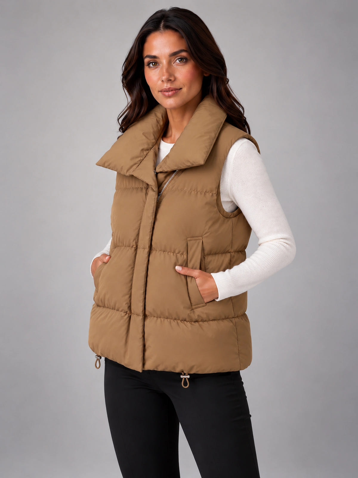 Women's Cropped Puffer Vest – Stand Collar Down Vest in Camel Khaki — alternate view