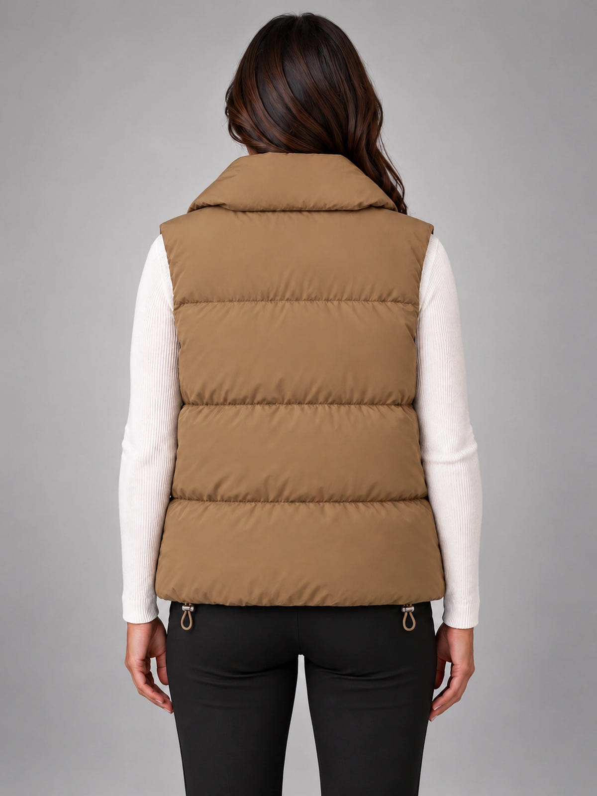 Women's Cropped Puffer Vest – Stand Collar Down Vest in Camel Khaki — back view