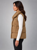 Women's Cropped Puffer Vest – Stand Collar Down Vest in Camel Khaki — side view