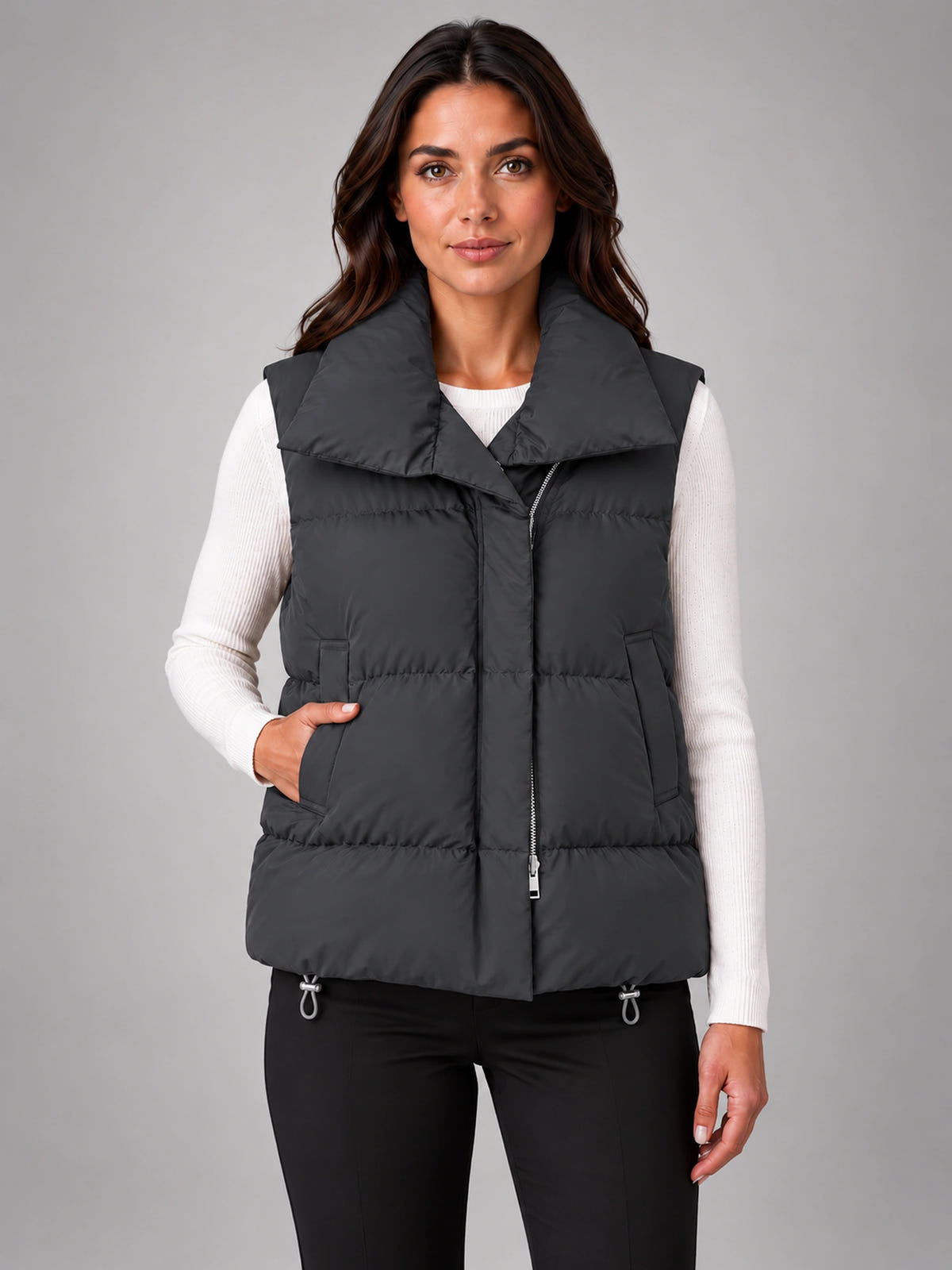 Women's Cropped Puffer Vest – Stand Collar Down Vest in Charcoal — front view
