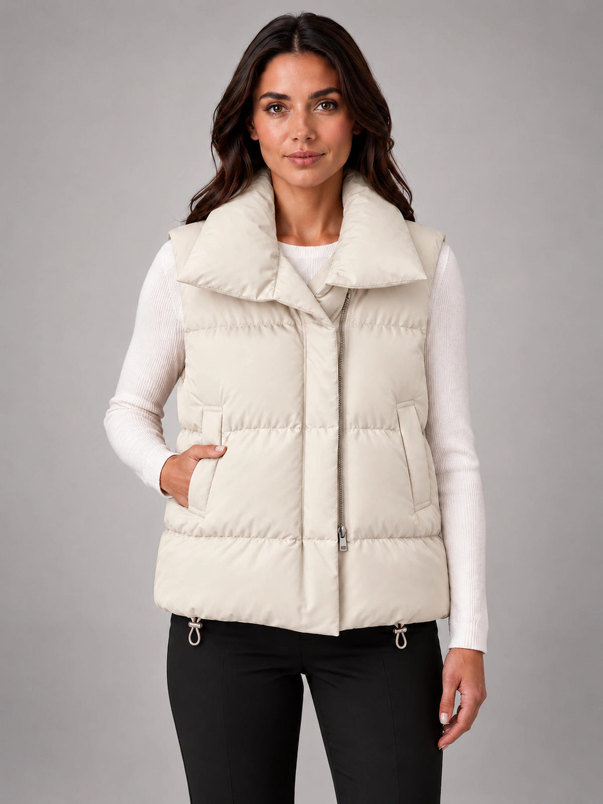Women's Cropped Puffer Vest – Stand Collar Down Vest in Ivory — front view