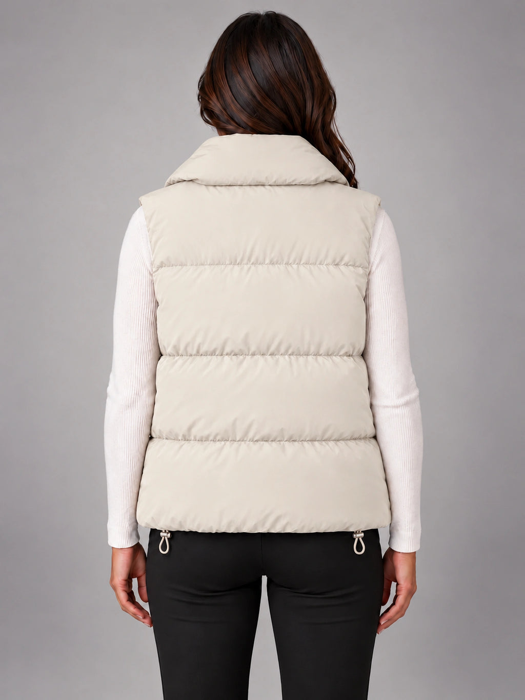 Women's Cropped Puffer Vest – Stand Collar Down Vest in Ivory — back view