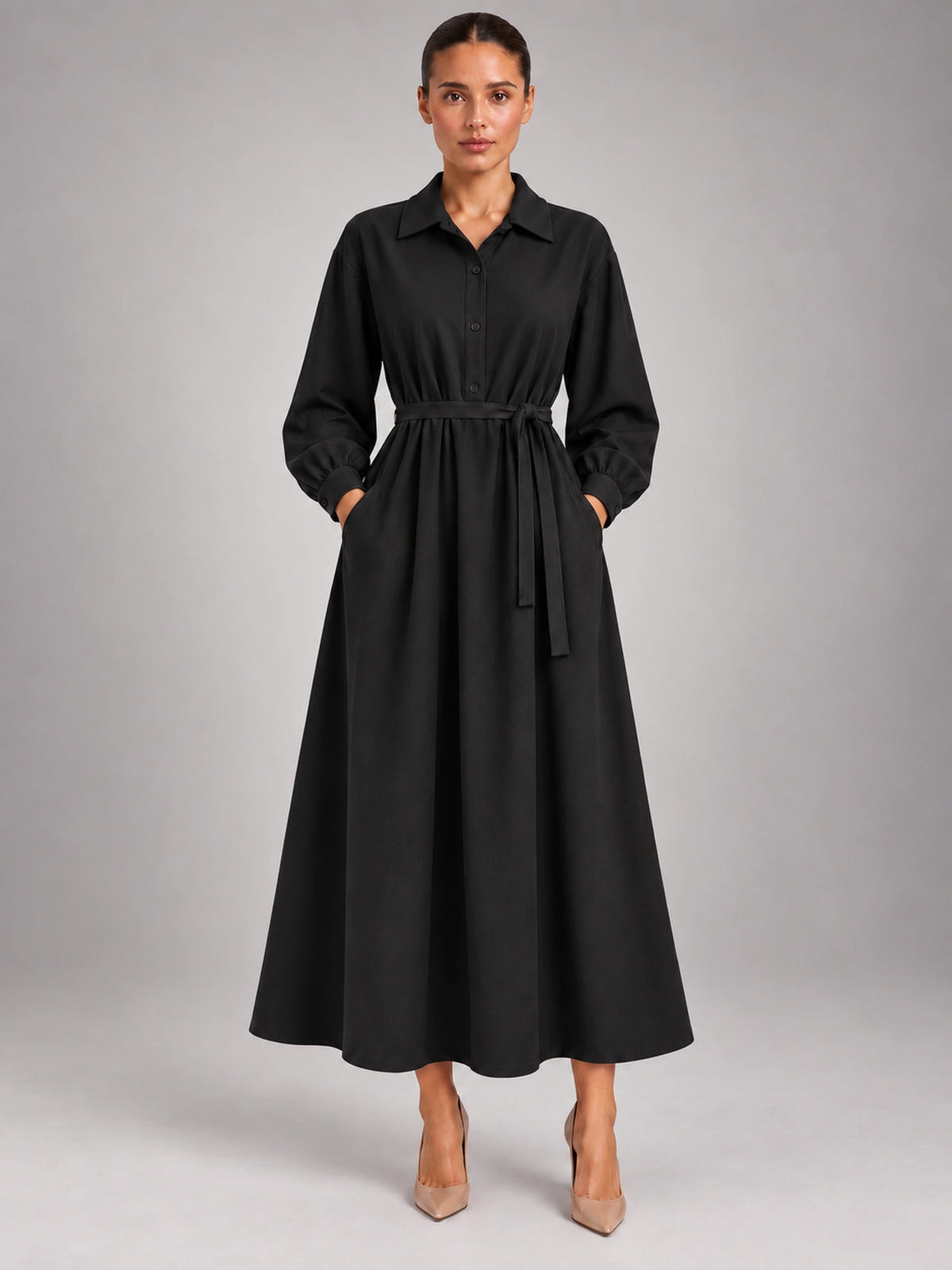 Women's Oversized Shirt Dress – Long Sleeve Midi in Black — front view