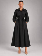Women's Oversized Shirt Dress – Long Sleeve Midi in Black — front view