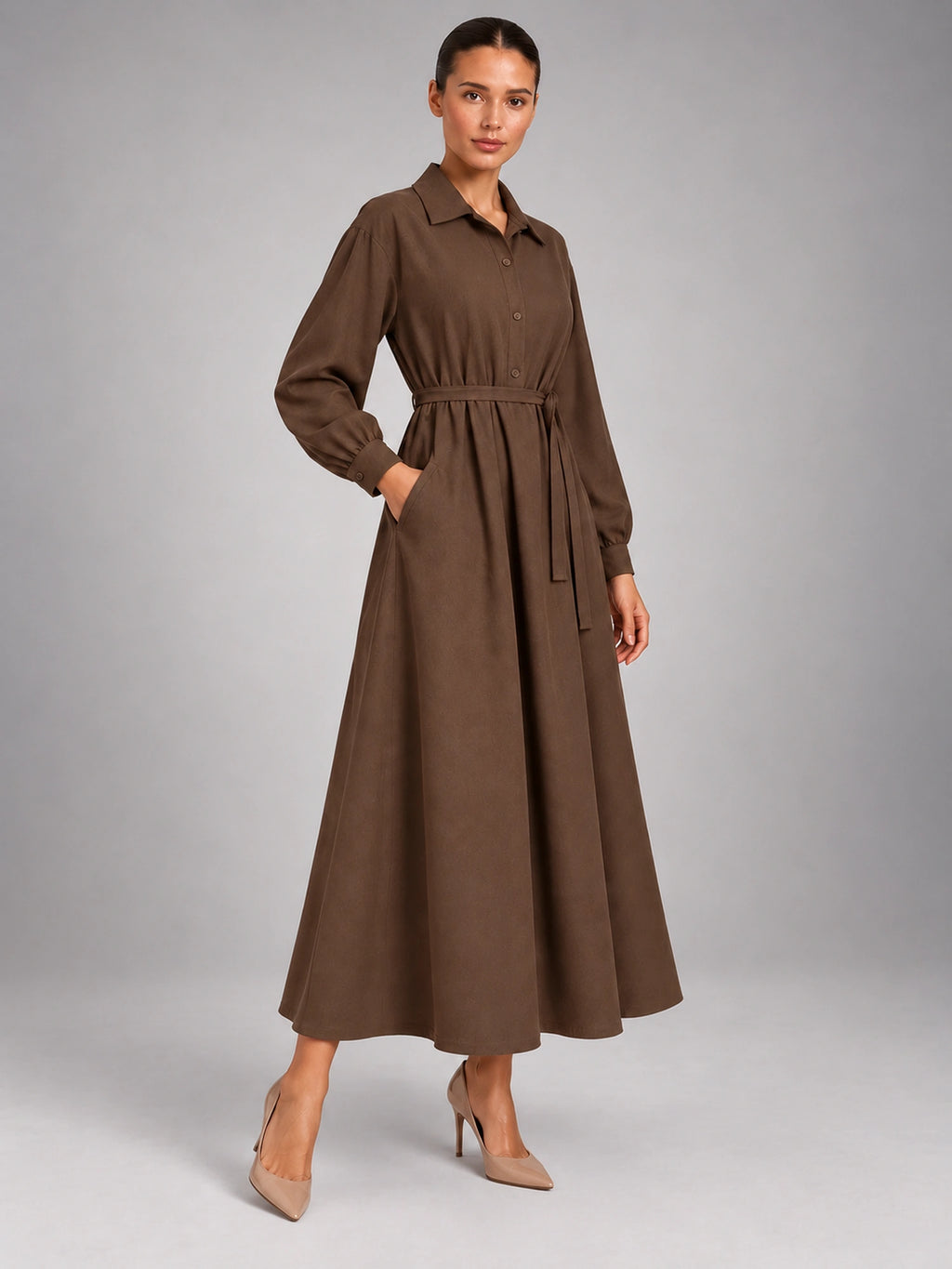 Women's Oversized Shirt Dress – Long Sleeve Midi in Coffee — alternate view