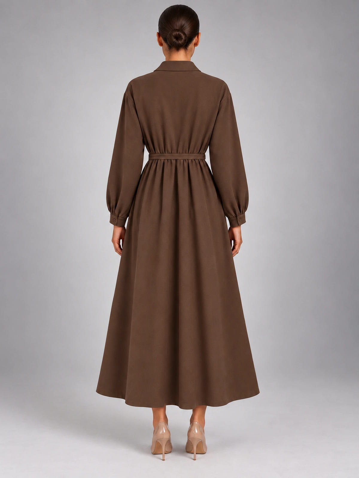 Women's Oversized Shirt Dress – Long Sleeve Midi in Coffee — back view