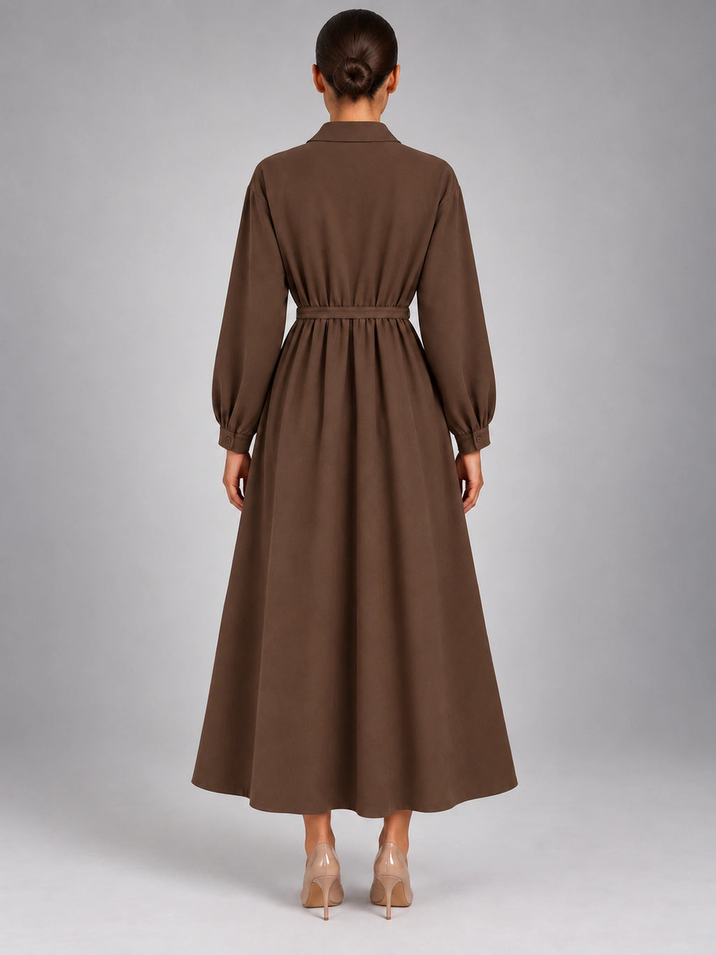 Women's Oversized Shirt Dress – Long Sleeve Midi in Coffee — back view