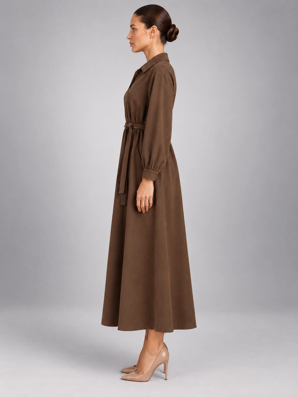 Women's Oversized Shirt Dress – Long Sleeve Midi in Coffee — side view