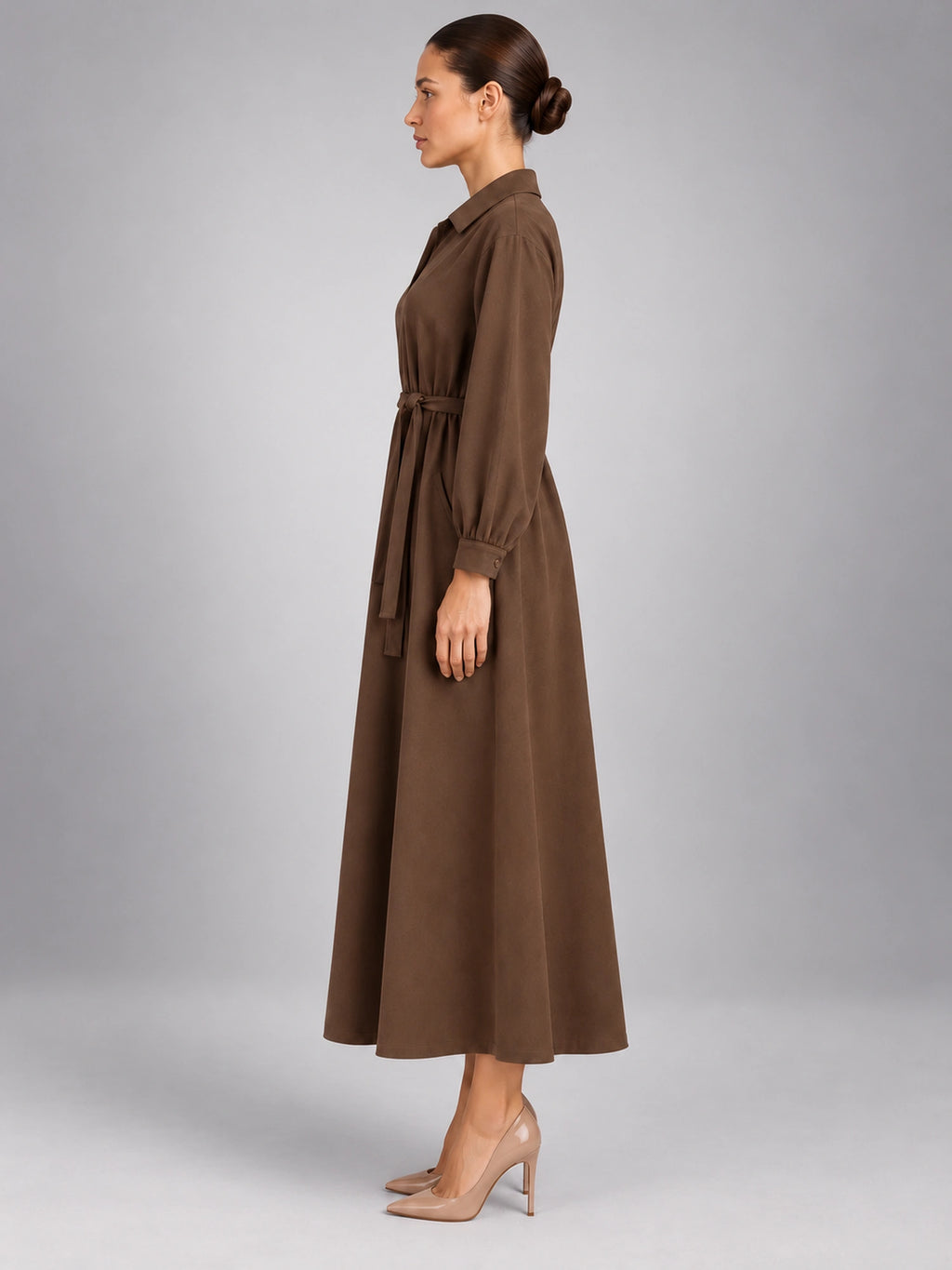 Women's Oversized Shirt Dress – Long Sleeve Midi in Coffee — side view