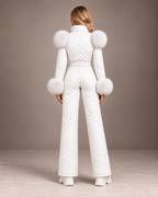 Women's Faux Fur Trim Ski Suit in White – Quilted One-Piece Snowsuit, Belted – back view