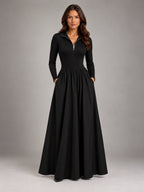 Women's Black A-Line Dress – Long Sleeve Layering in Black — front view