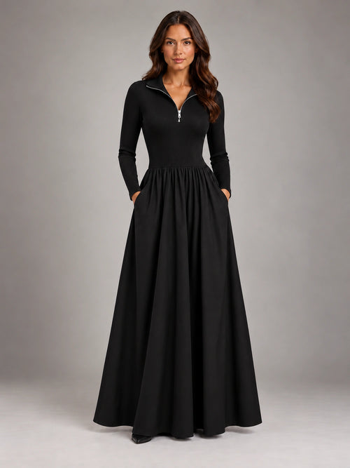 Women's Black A-Line Dress – Long Sleeve Layering in Black — front view