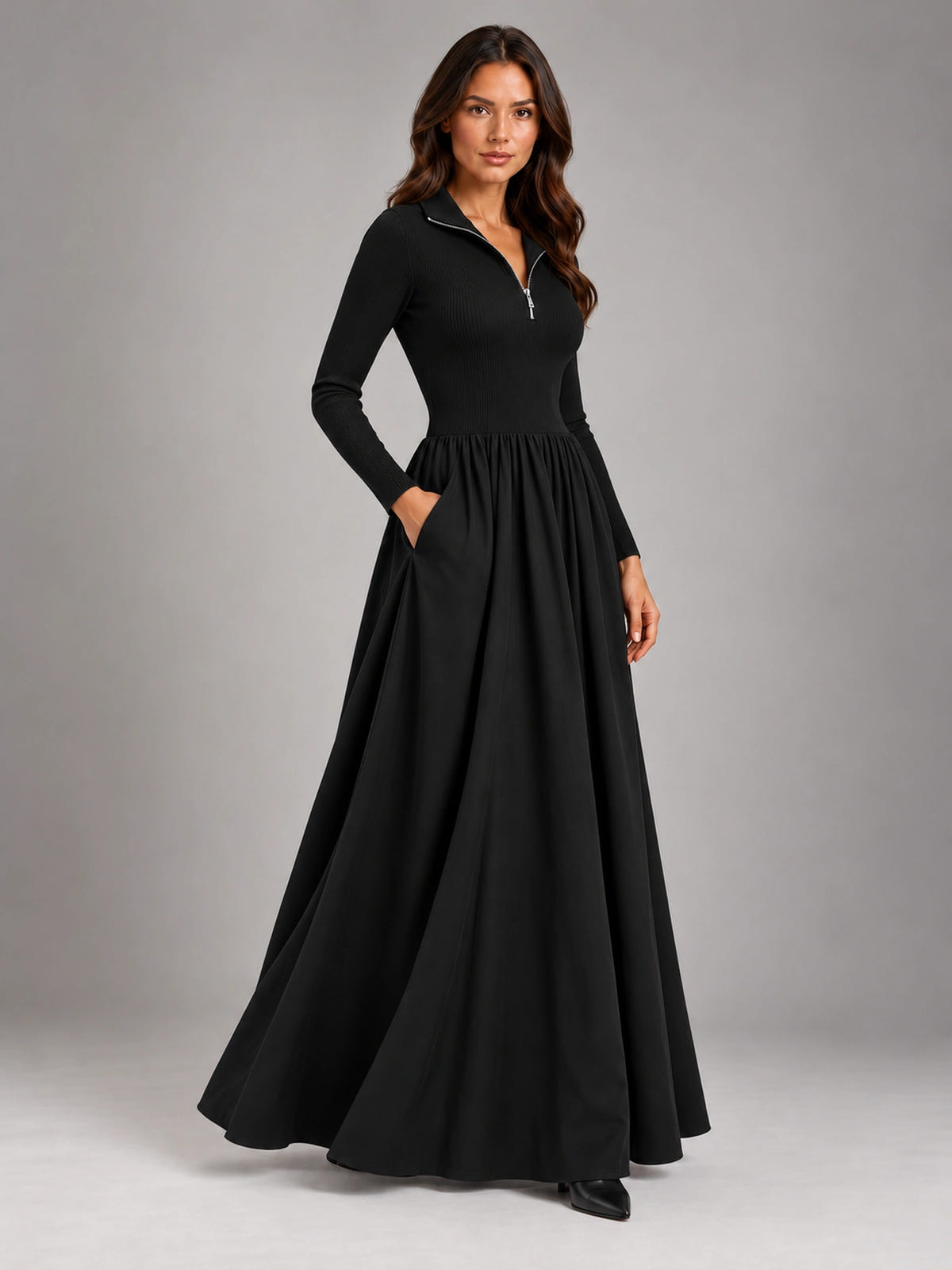 Women's Black A-Line Dress – Long Sleeve Layering in Black — alternate view