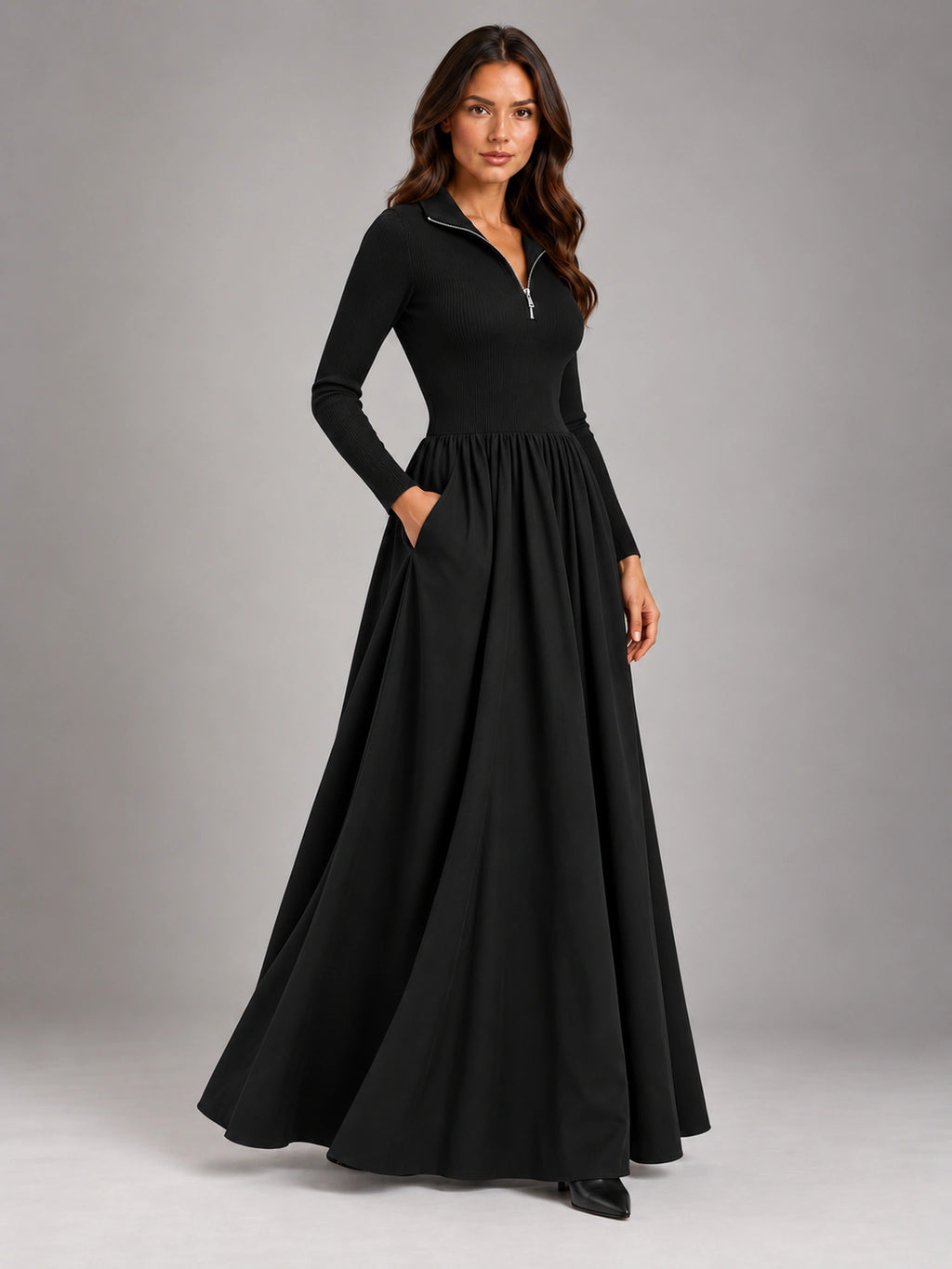 Women's Black A-Line Dress – Long Sleeve Layering in Black — alternate view