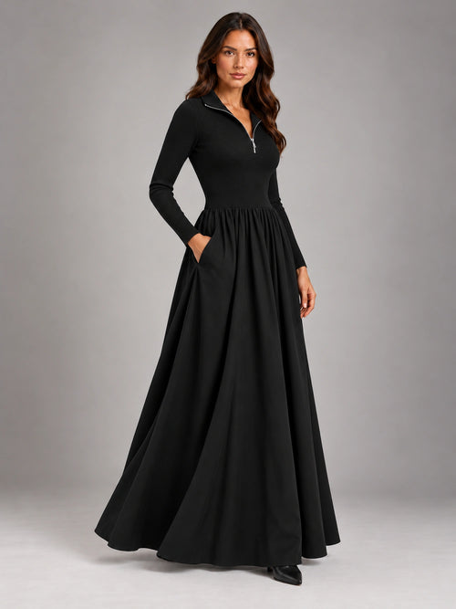 Women's Black A-Line Dress – Long Sleeve Layering in Black — alternate view