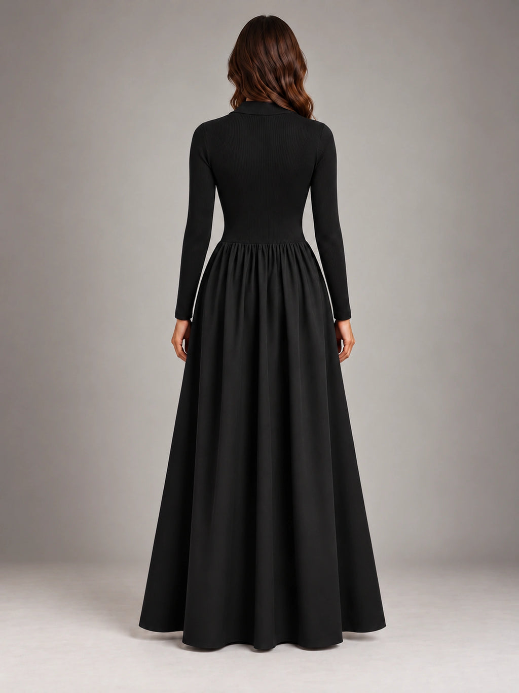 Women's Black A-Line Dress – Long Sleeve Layering in Black — back view