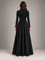 Women's Black A-Line Dress – Long Sleeve Layering in Black — back view