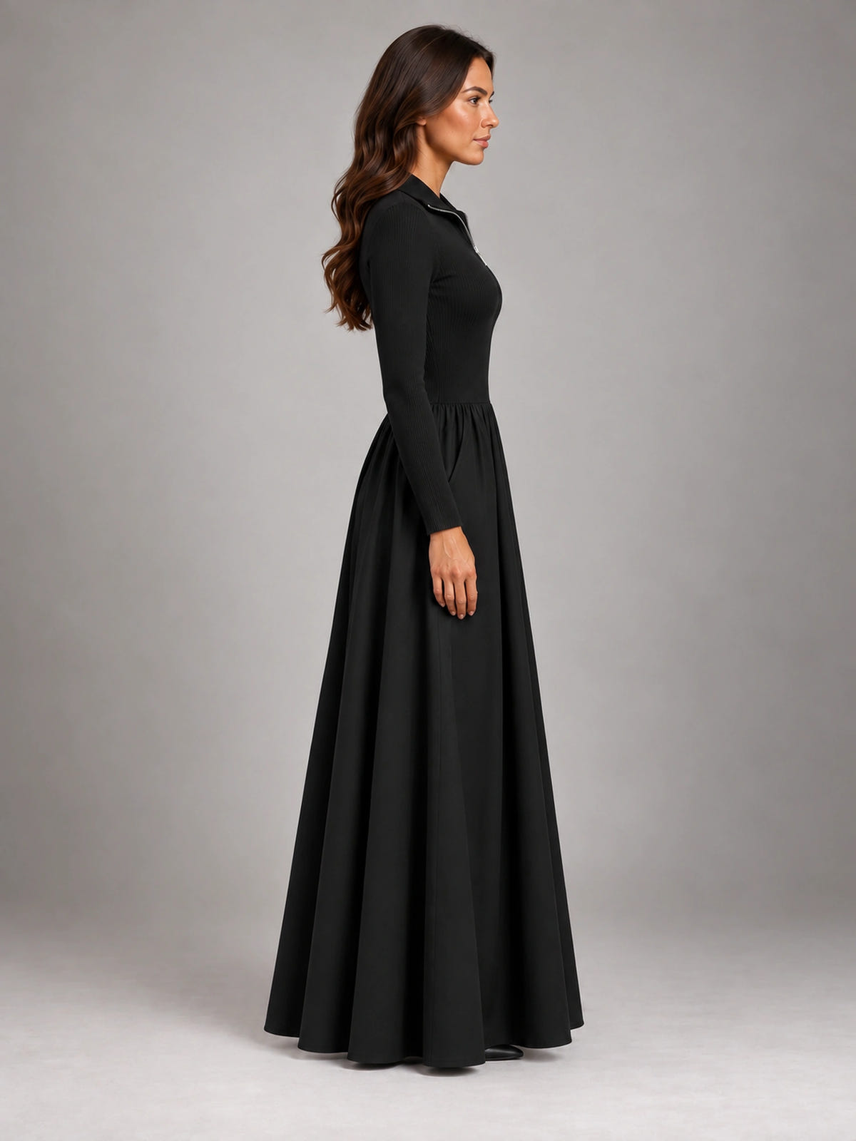 Women's Black A-Line Dress – Long Sleeve Layering in Black — side view