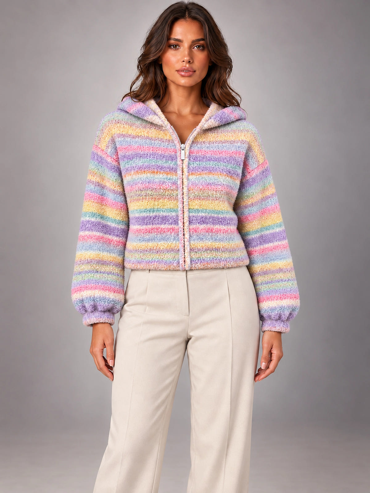 Women's Pastel Stripe Knit Cardigan – Zip-Up Hooded in Pastel Rainbow — front view