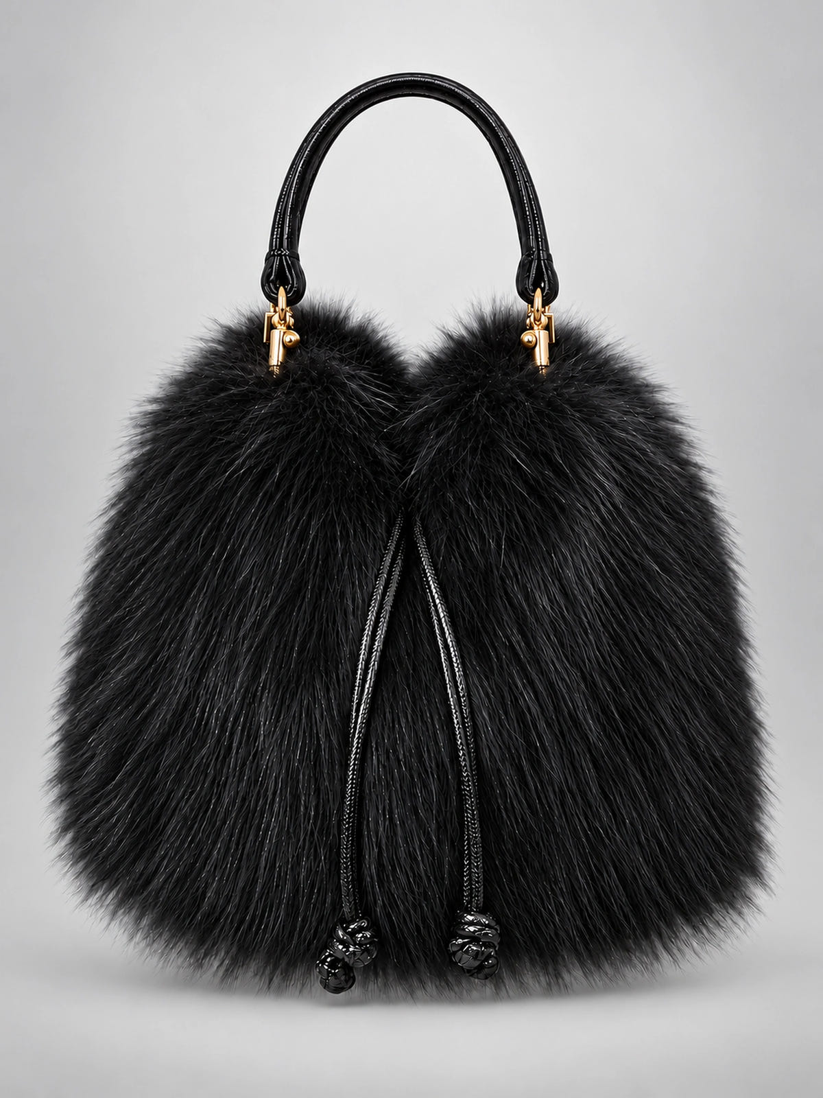 Women's Faux Fur Bucket Bag – Drawstring Purse in Black — front view