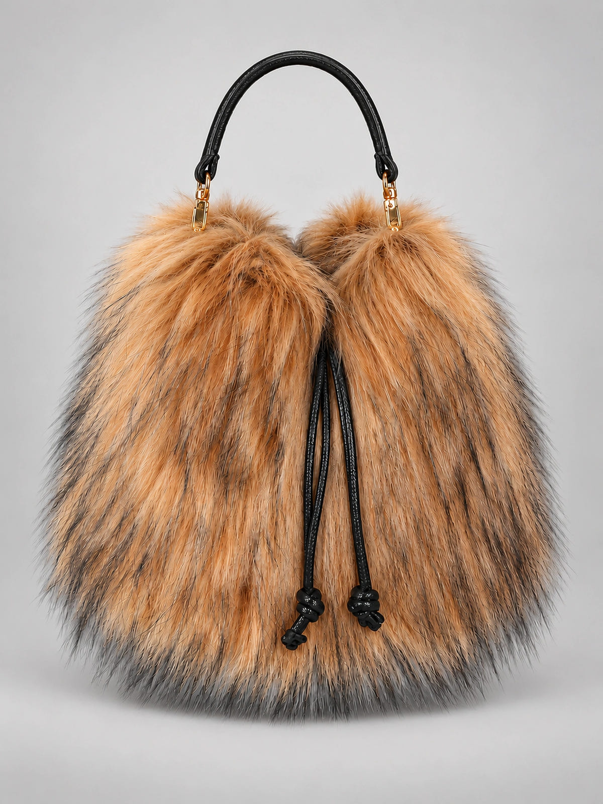 Women's Faux Fur Bucket Bag – Drawstring Purse in Camel — front view