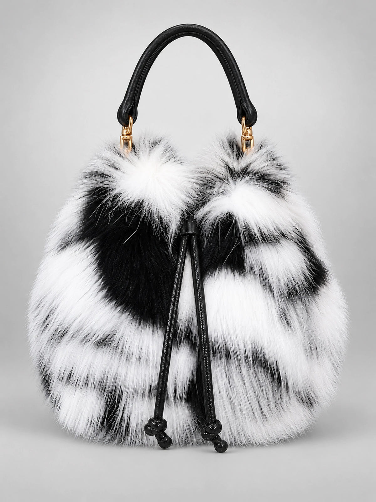 Women's Faux Fur Bucket Bag – Drawstring Purse in Black & White — front view