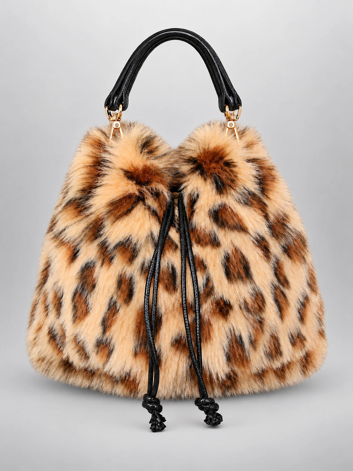 Women's Faux Fur Bucket Bag – Drawstring Purse in Leopard — front view