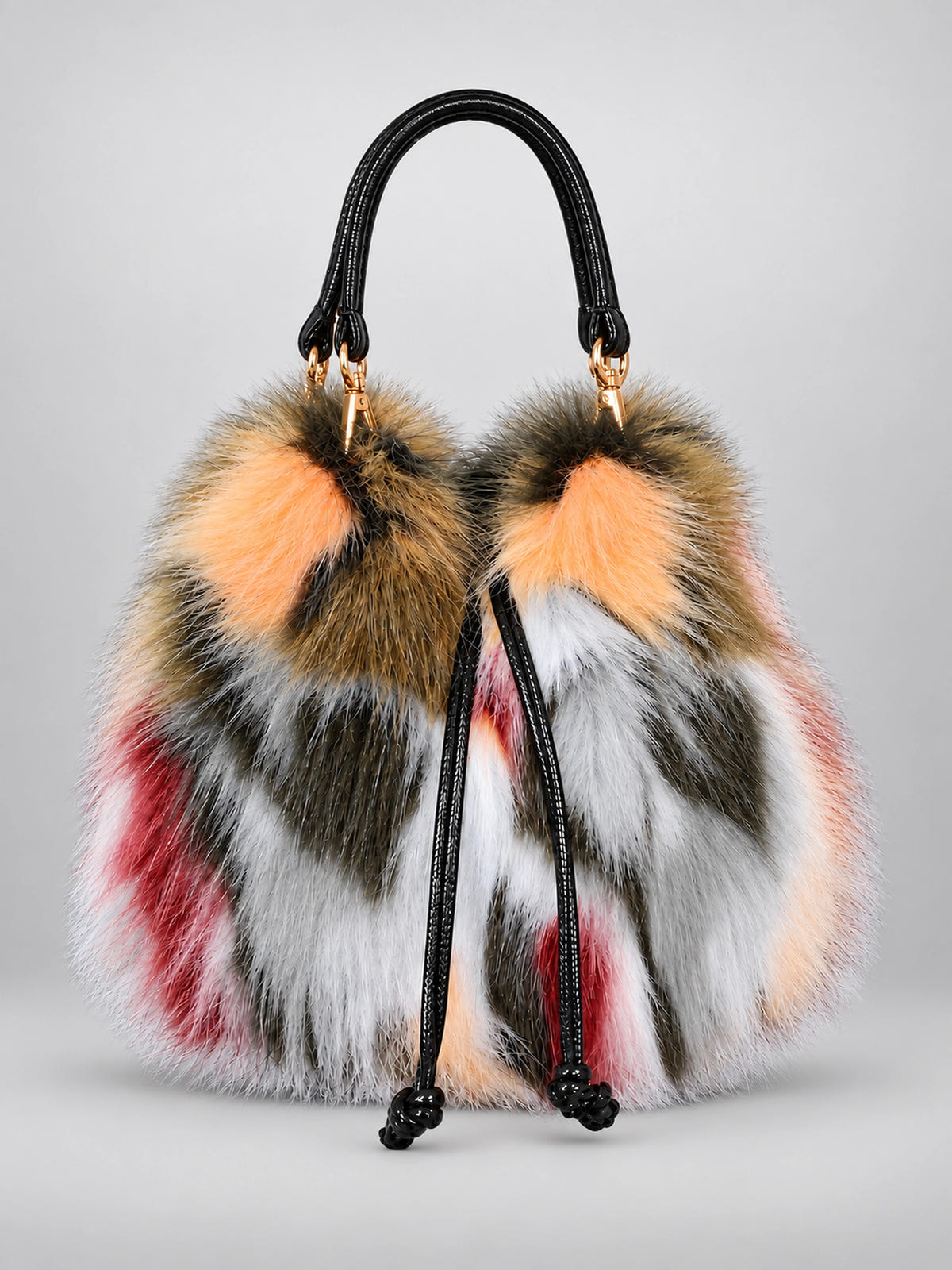 Women's Faux Fur Bucket Bag – Drawstring Purse in Multicolor — front view