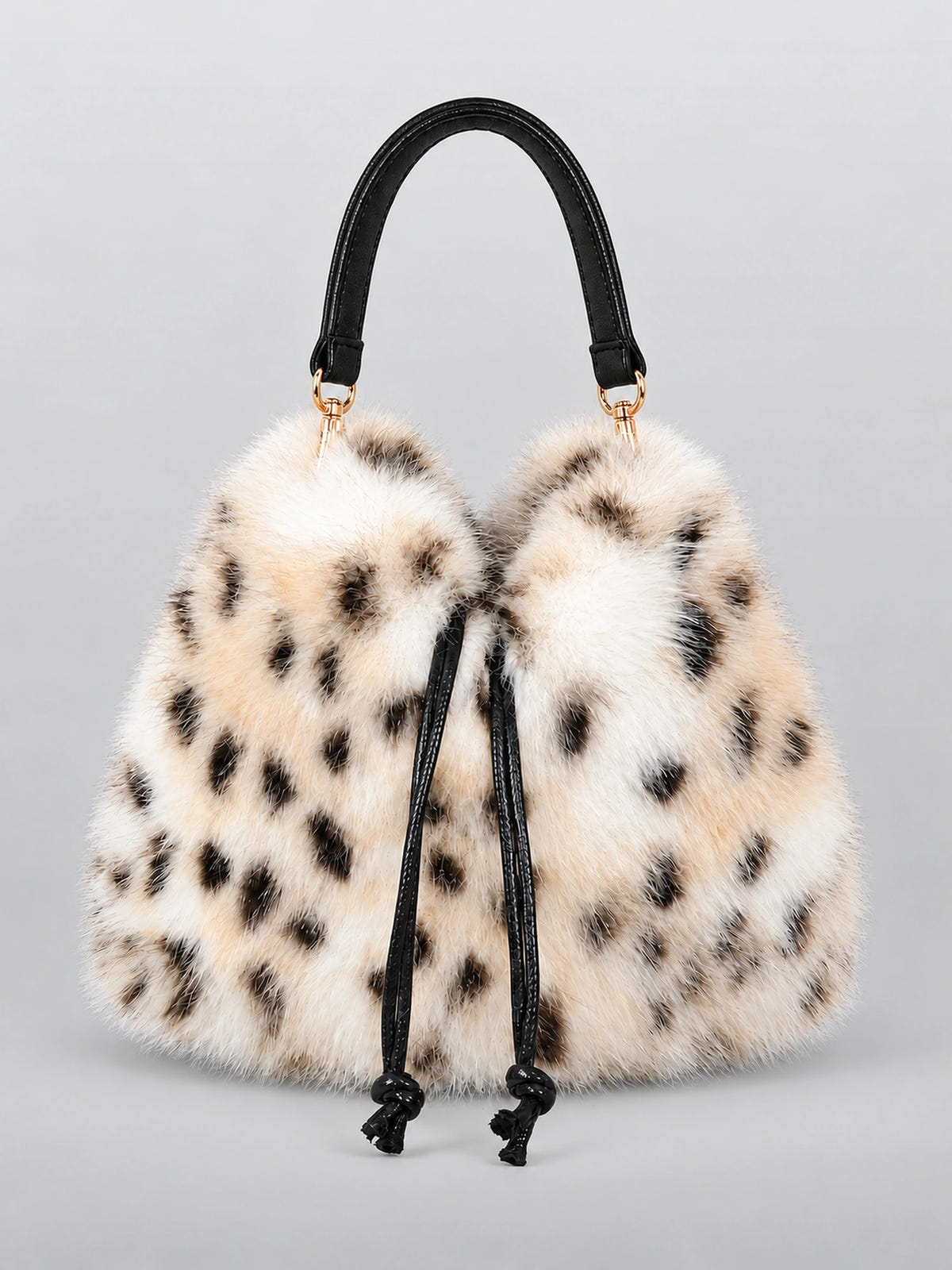 Women's Faux Fur Bucket Bag – Drawstring Purse in Snow Leopard — front view