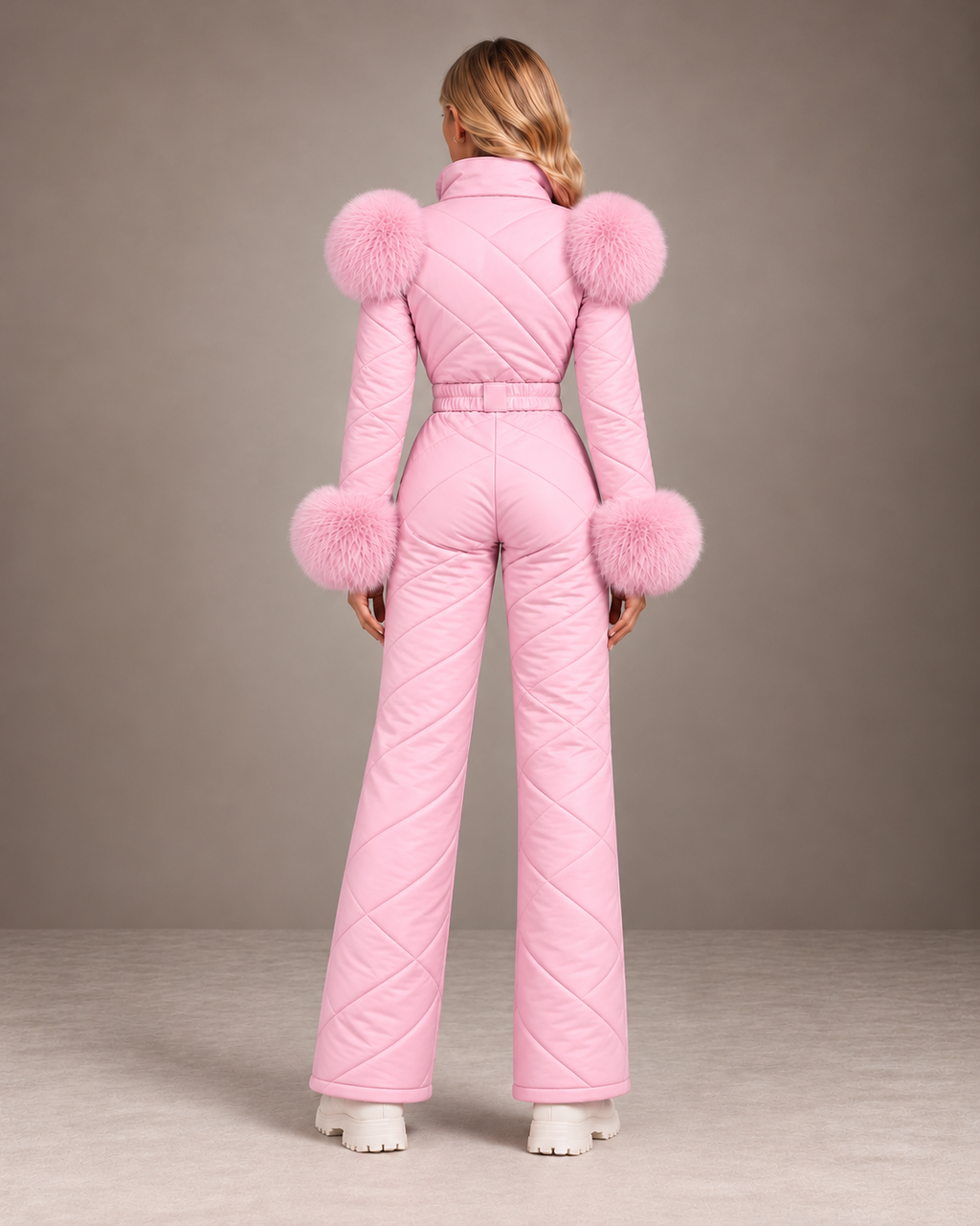Women's Faux Fur Trim Ski Suit in Pink – Quilted One-Piece Snowsuit, Belted – back view