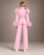 Women's Faux Fur Trim Ski Suit in Pink – Quilted One-Piece Snowsuit, Belted – back view