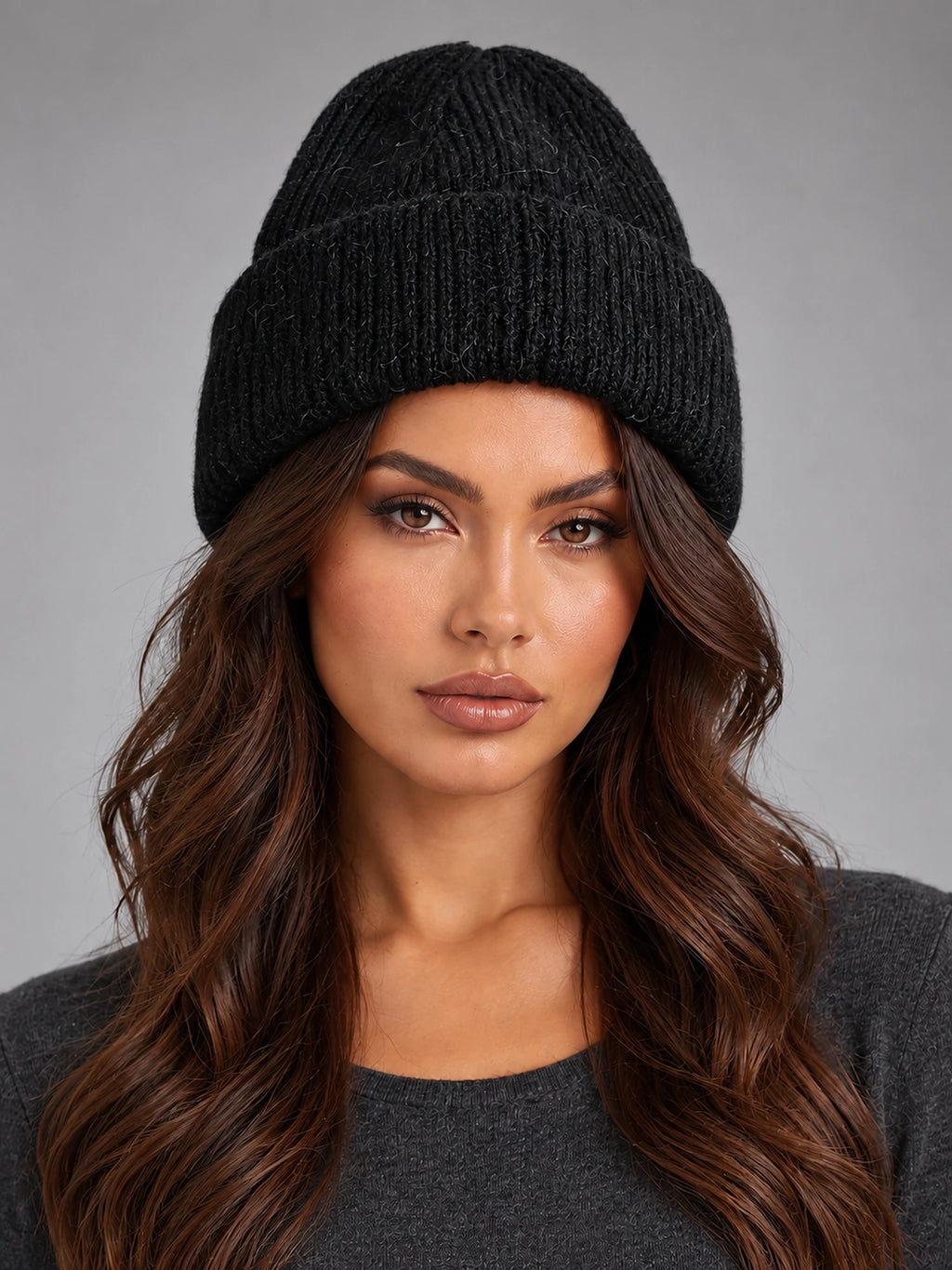 Women's Angora Knit Beanie – Soft Winter Hat in Black — front view