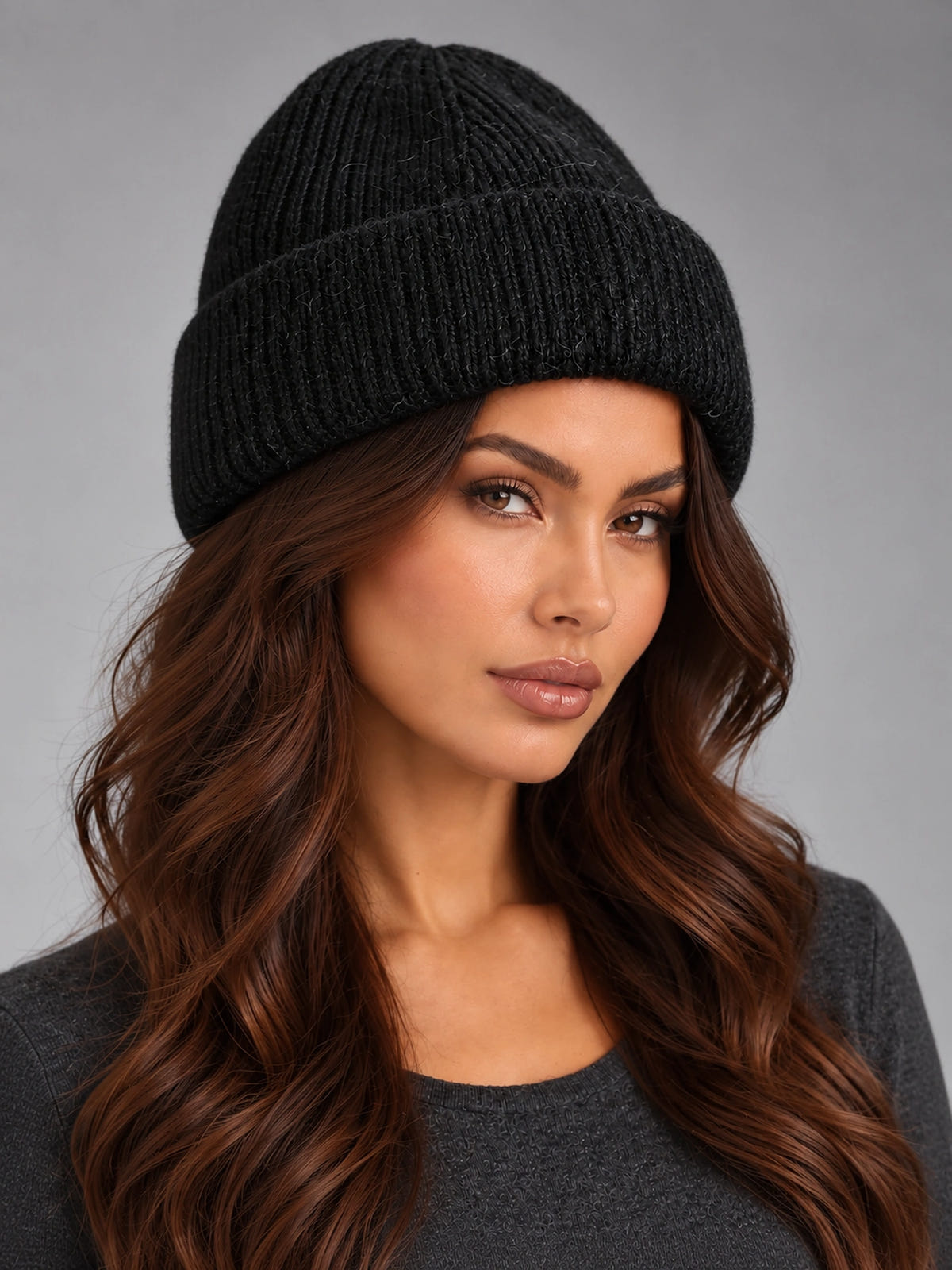 Women's Angora Knit Beanie – Soft Winter Hat in Black — alternate view