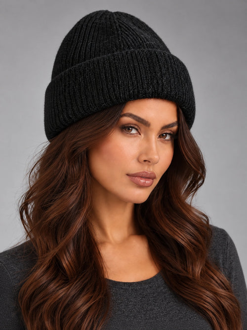 Women's Angora Knit Beanie – Soft Winter Hat in Black — alternate view