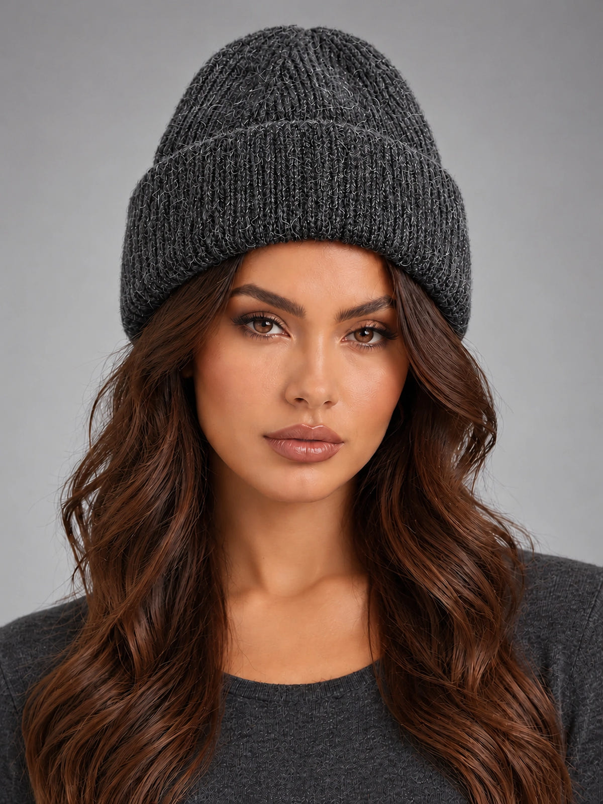 Women's Angora Knit Beanie – Soft Winter Hat in Charcoal — front view