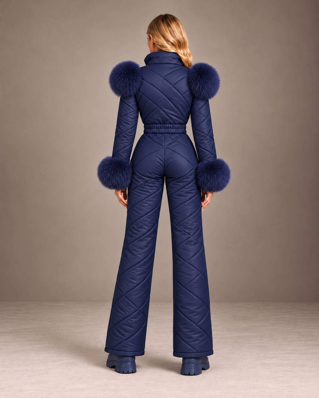 Women's Faux Fur Trim Ski Suit in Navy – Quilted One-Piece Snowsuit, Belted – back view
