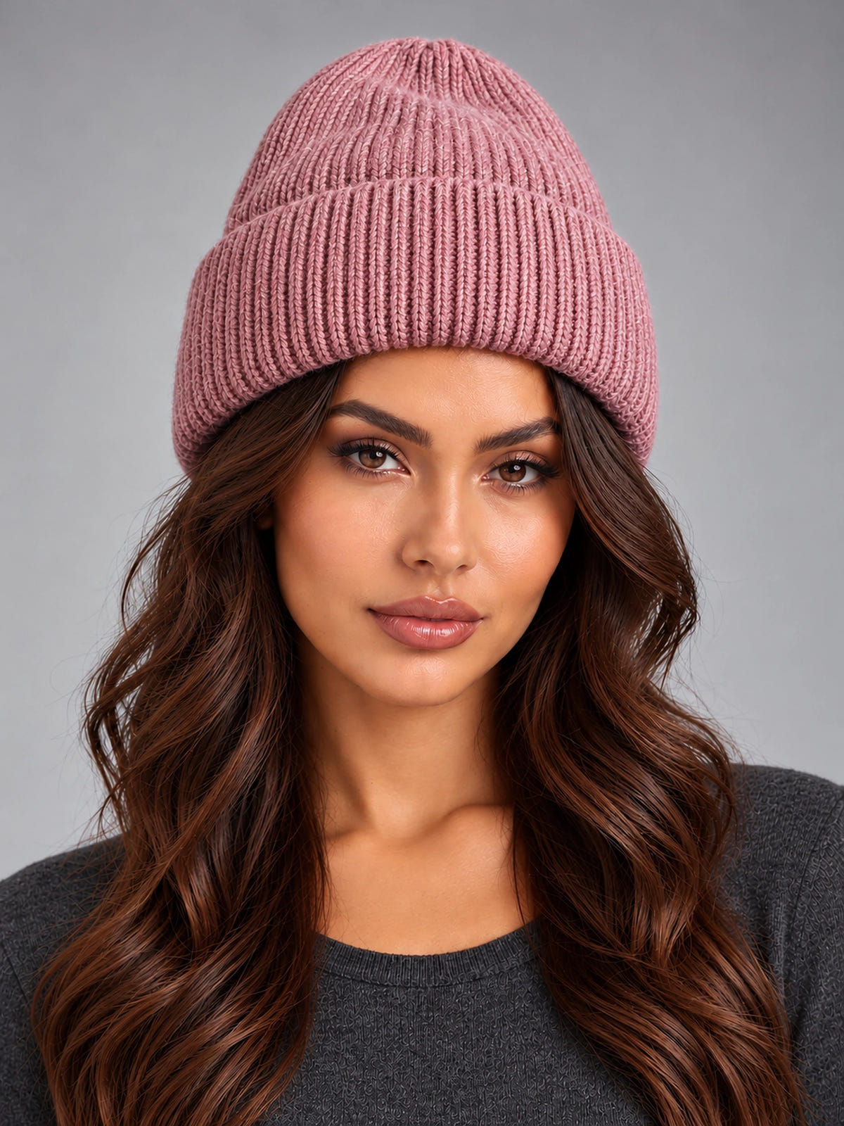 Women's Angora Knit Beanie – Soft Winter Hat in Dusty Rose — front view