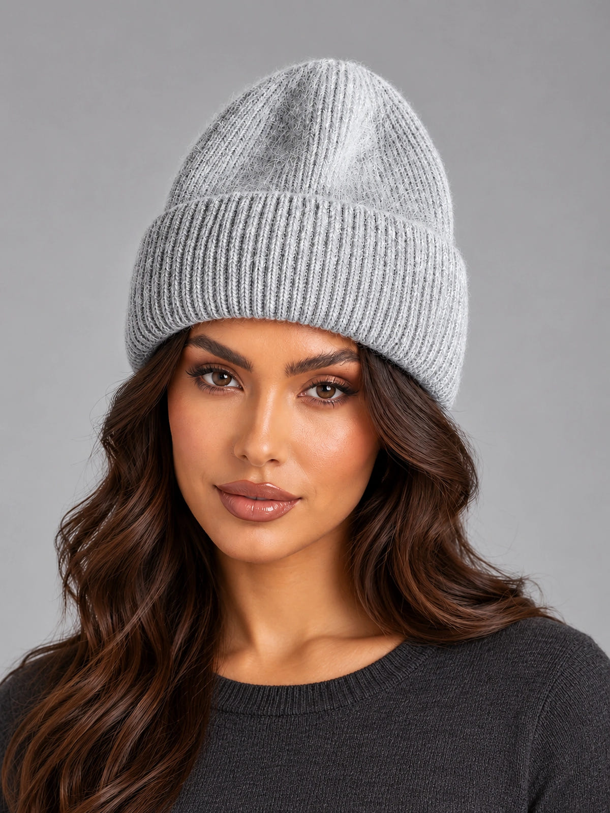 Women's Angora Knit Beanie – Soft Winter Hat in Gray — front view