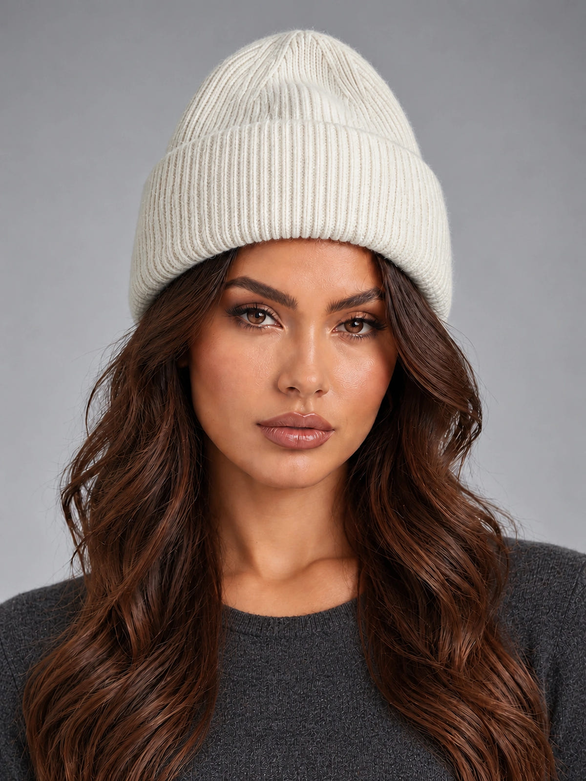 Women's Angora Knit Beanie – Soft Winter Hat in Ivory — front view