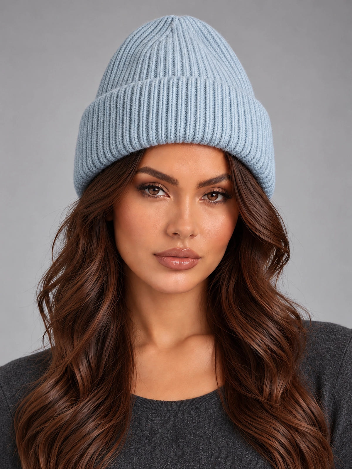 Women's Angora Knit Beanie – Soft Winter Hat in Light Blue — front view
